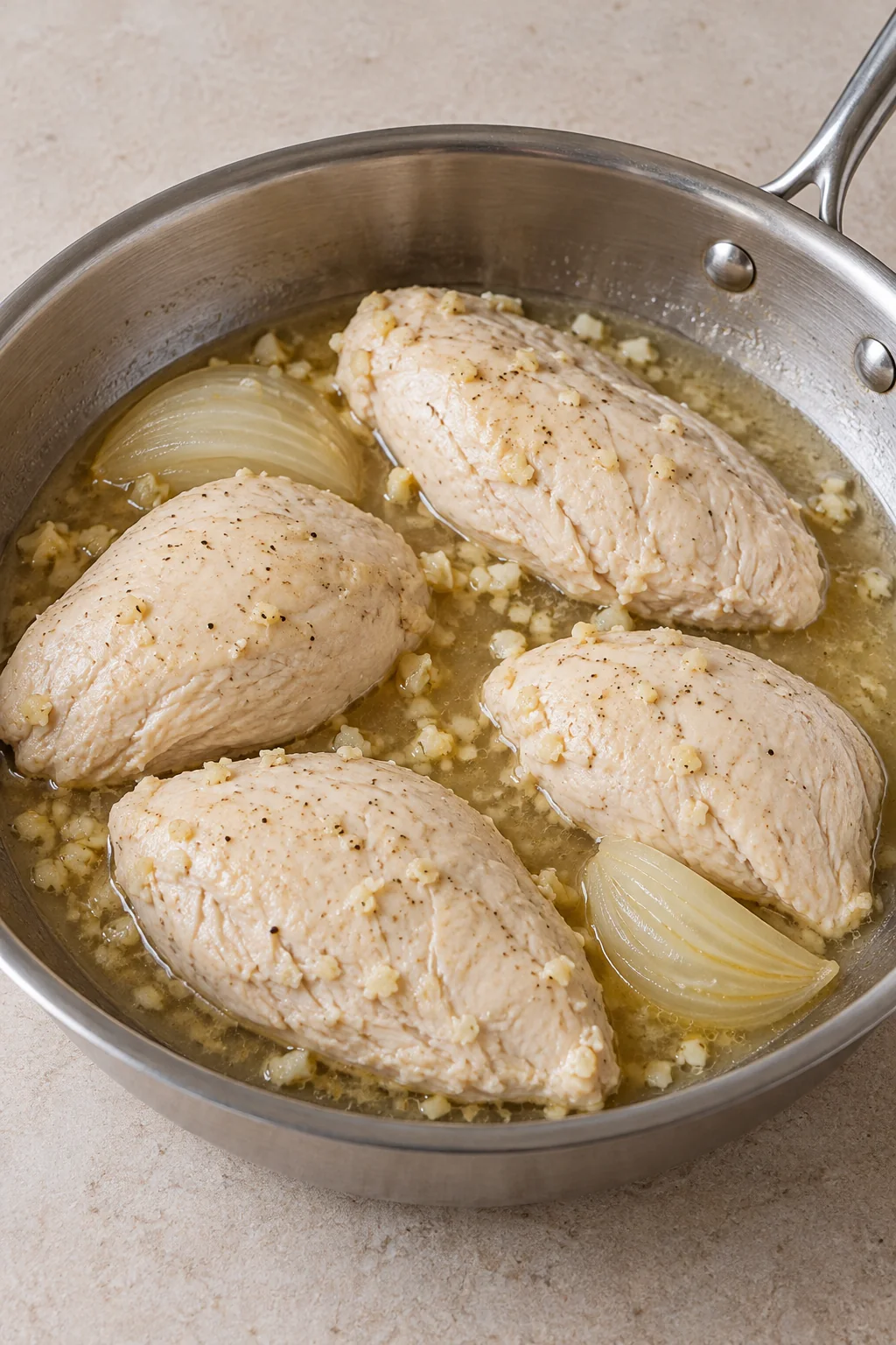 Chicken breasts after simmering in the garlic and onion broth.