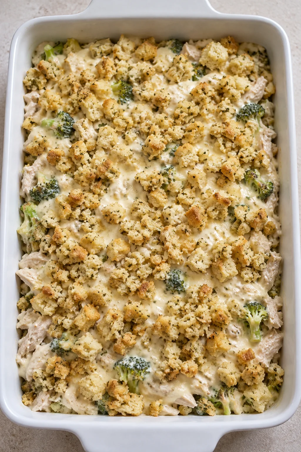 The unbaked casserole covered with creamy sauce and the reserved buttered stuffing.