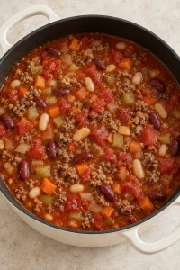 Kidney beans and cannellini beans simmering in the tomato and beef soup base.