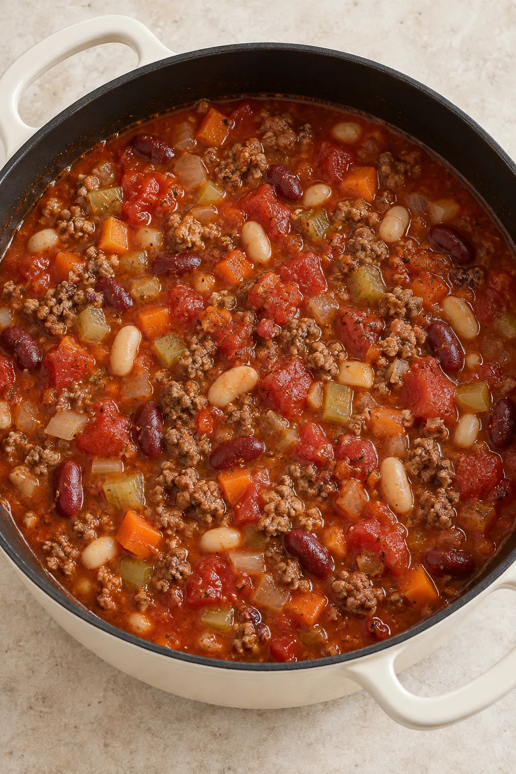 Kidney beans and cannellini beans simmering in the tomato and beef soup base.
