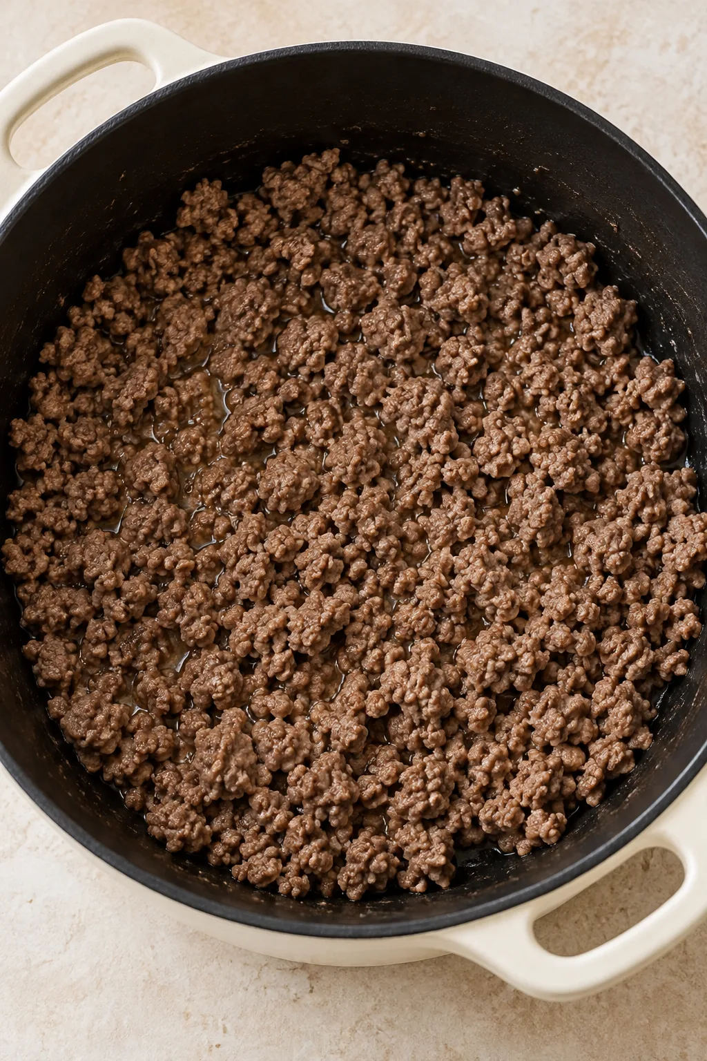 Ground beef browned in a soup pot for pasta fagioli.