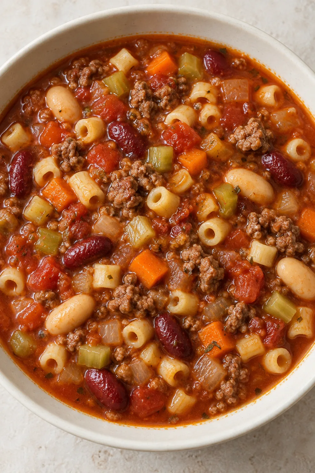 Close view of ditalini, beef, kidney beans and cannellini beans in tomato broth.