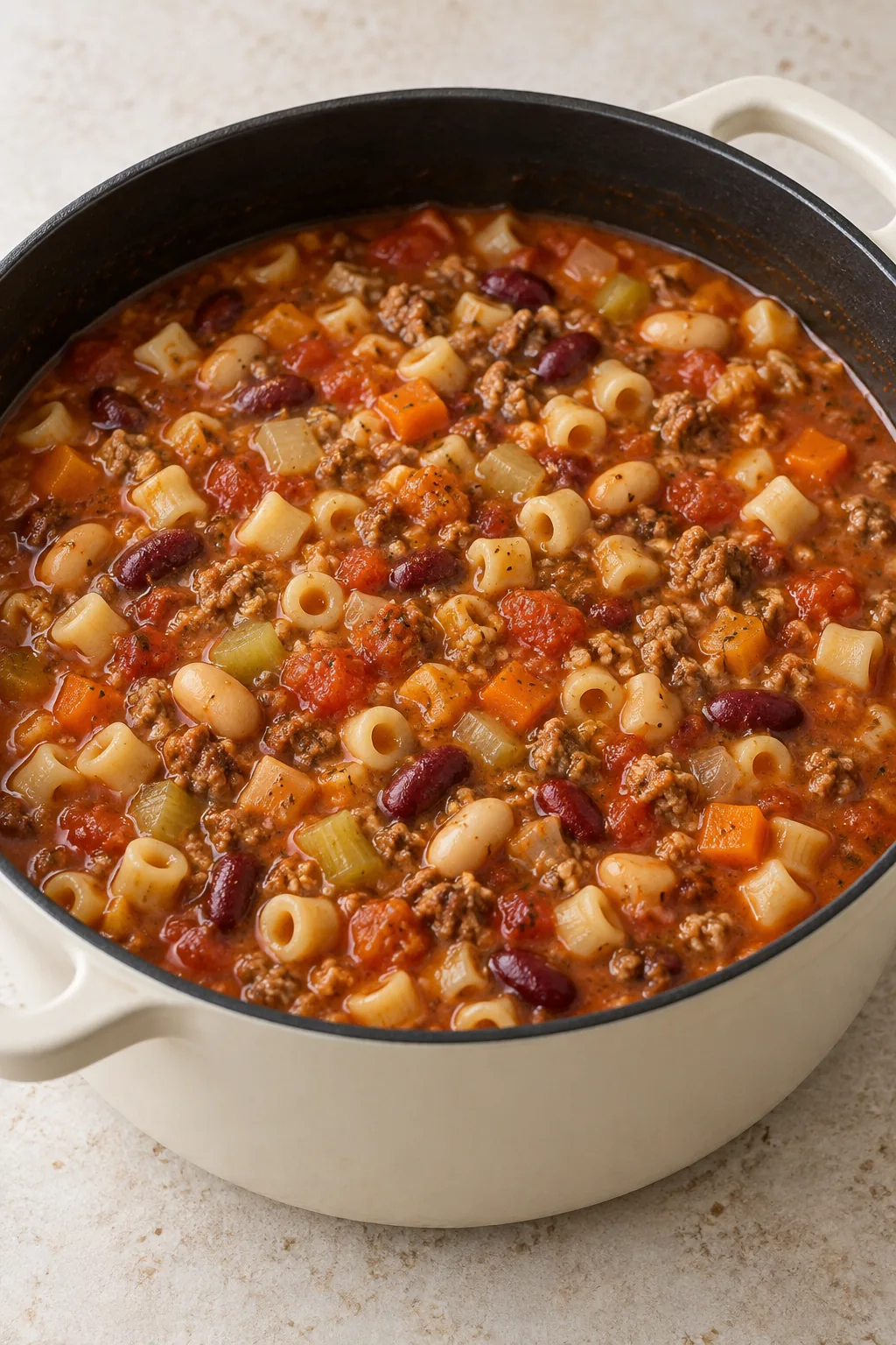 Tender ditalini in the finished beef, bean and tomato soup.