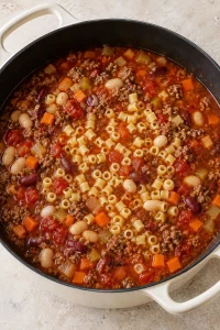 Uncooked ditalini added to the simmering beef and bean soup.