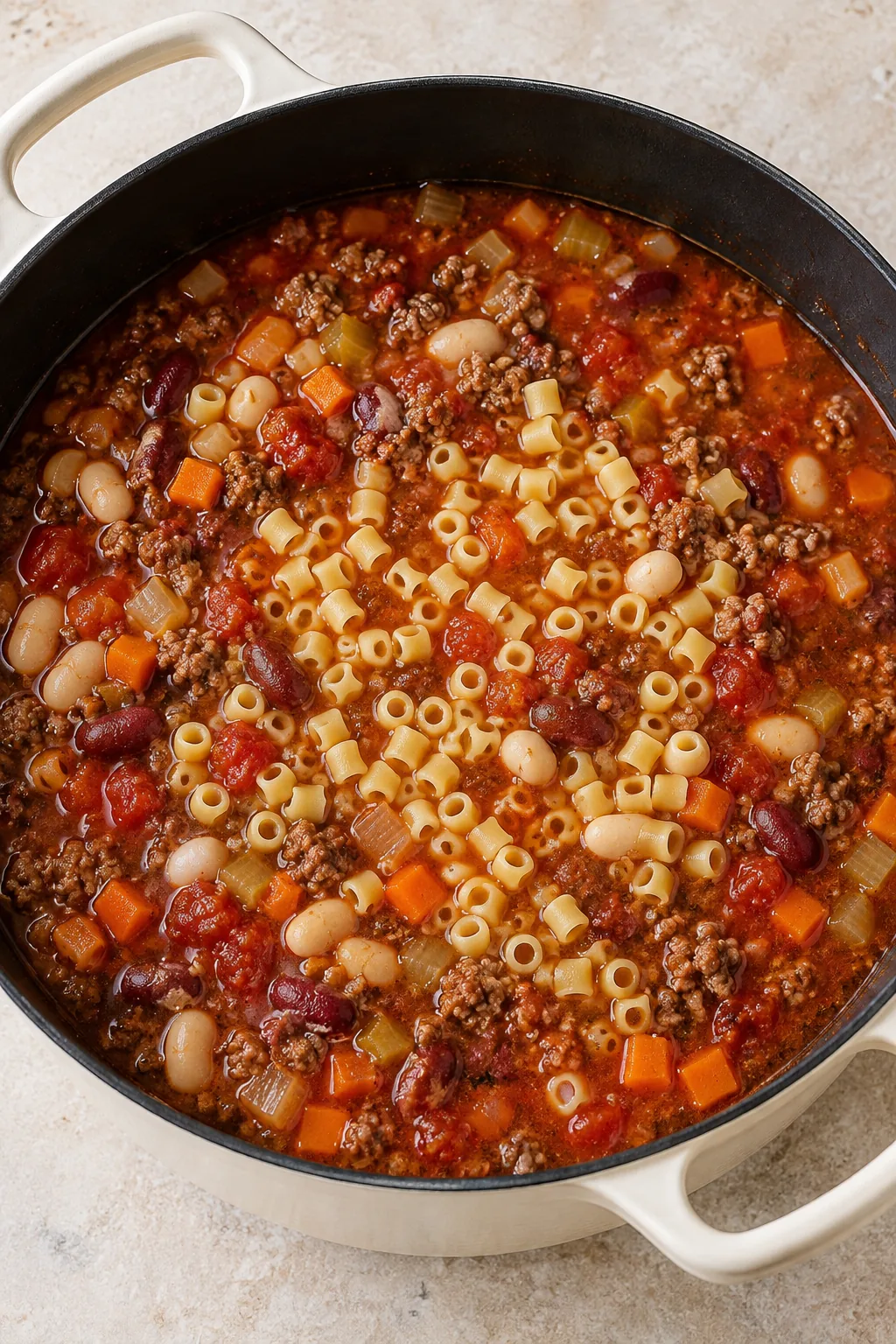Uncooked ditalini added to the simmering beef and bean soup.