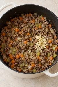 Minced garlic and dried herbs stirred into beef and diced vegetables.