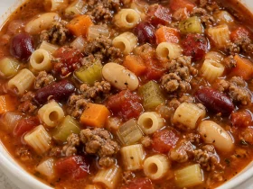 A bowl of Copycat Pasta Fagioli Soup with ground beef, ditalini, kidney beans and cannellini beans.