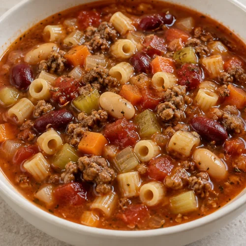A bowl of Copycat Pasta Fagioli Soup with ground beef, ditalini, kidney beans and cannellini beans.