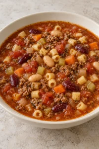 Pasta fagioli soup served in a shallow ceramic bowl.