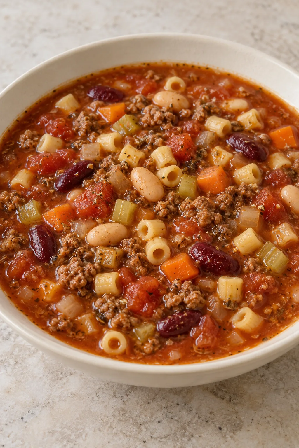 Pasta fagioli soup served in a shallow ceramic bowl.