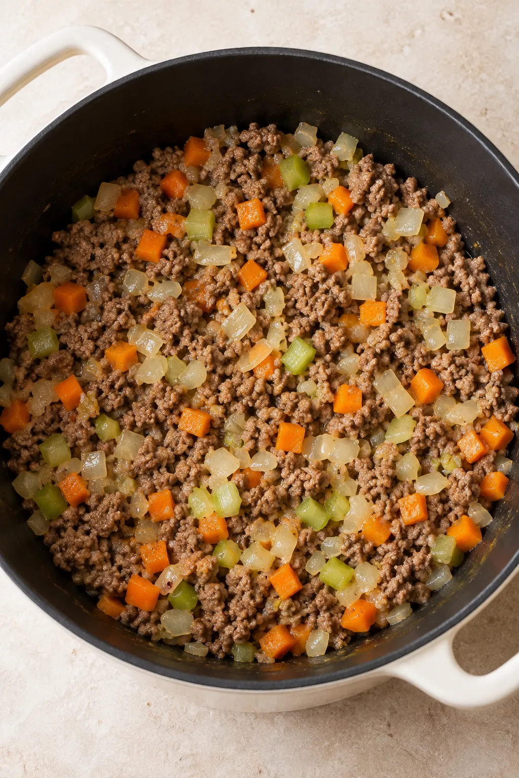 Diced onion, carrots and celery softened with browned ground beef.