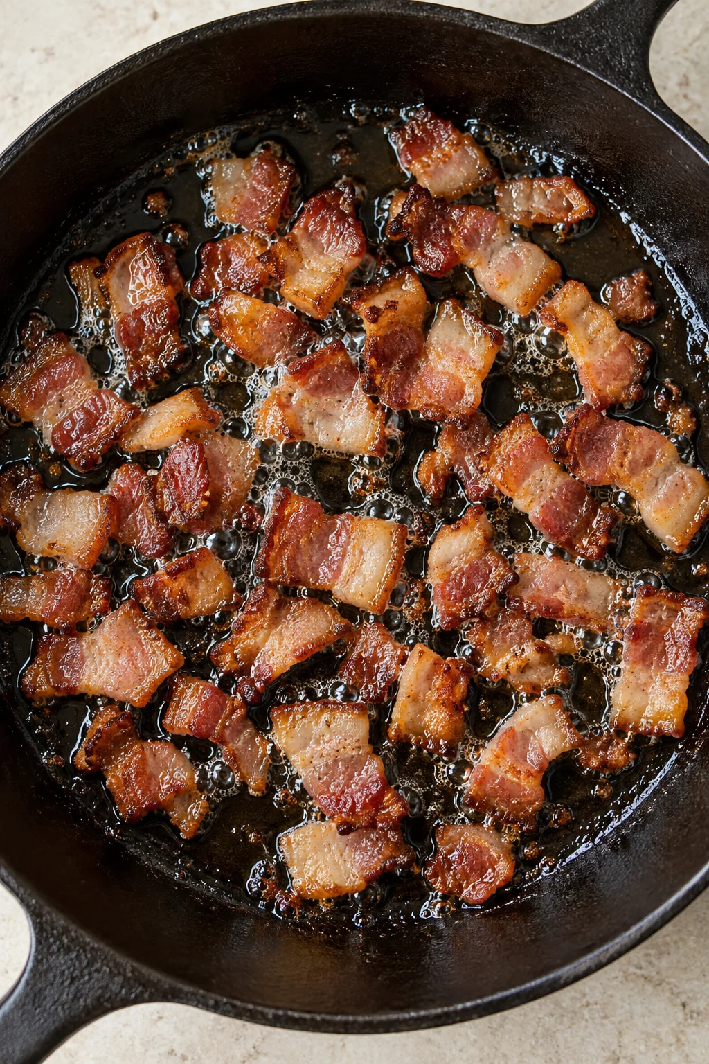 Chopped bacon cooking in a skillet as the fat renders