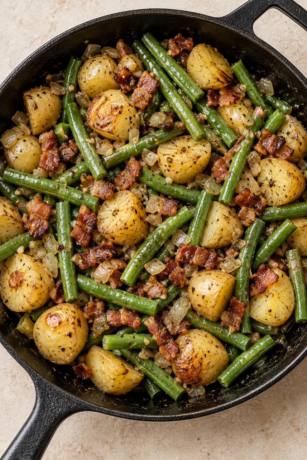 Overhead view of finished ranch green beans and potatoes with bacon
