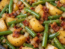 Ranch green beans, baby potatoes, and bacon in a cast iron skillet