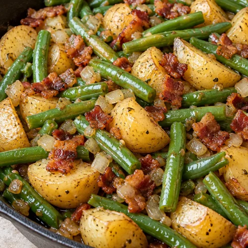 Ranch green beans, baby potatoes, and bacon in a cast iron skillet
