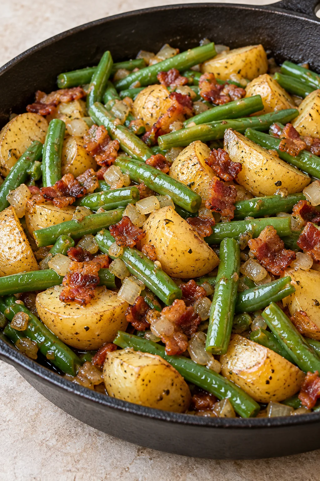 Ranch green beans, baby potatoes, and bacon in a cast iron skillet