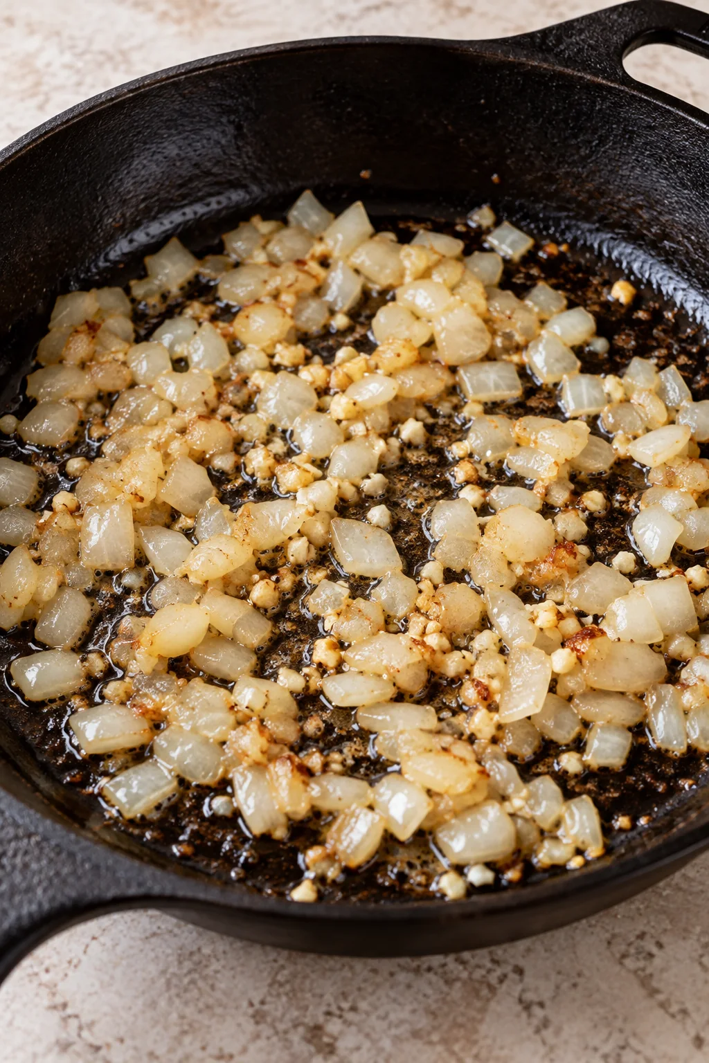 Diced onion and minced garlic cooking in reserved bacon drippings