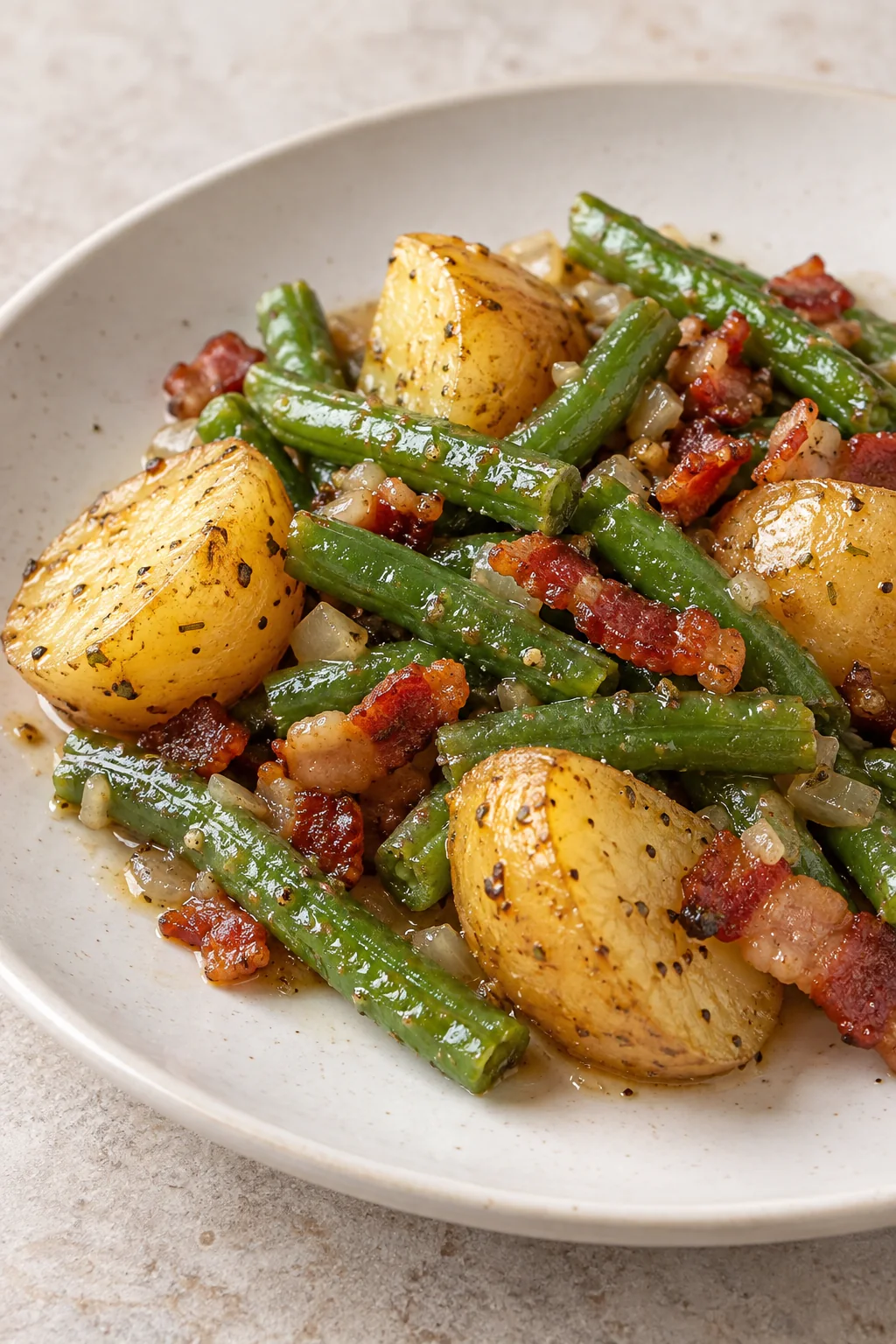 A side serving of ranch green beans, potatoes, and bacon on a cream plate