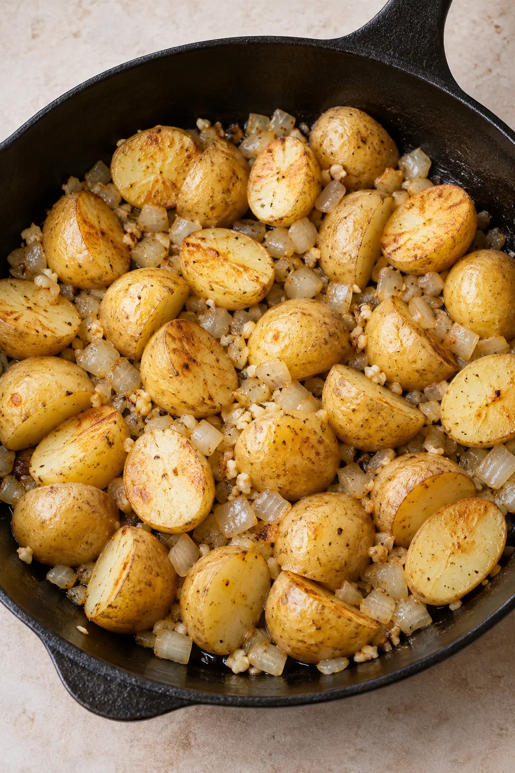 Baby potato halves with lightly golden cut sides and softened onion in a skillet