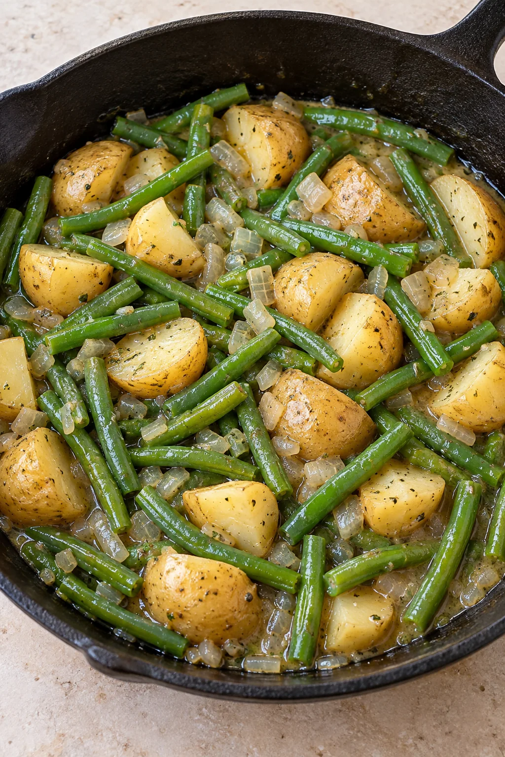 Green beans and baby potatoes simmering in seasoned broth before the bacon is added