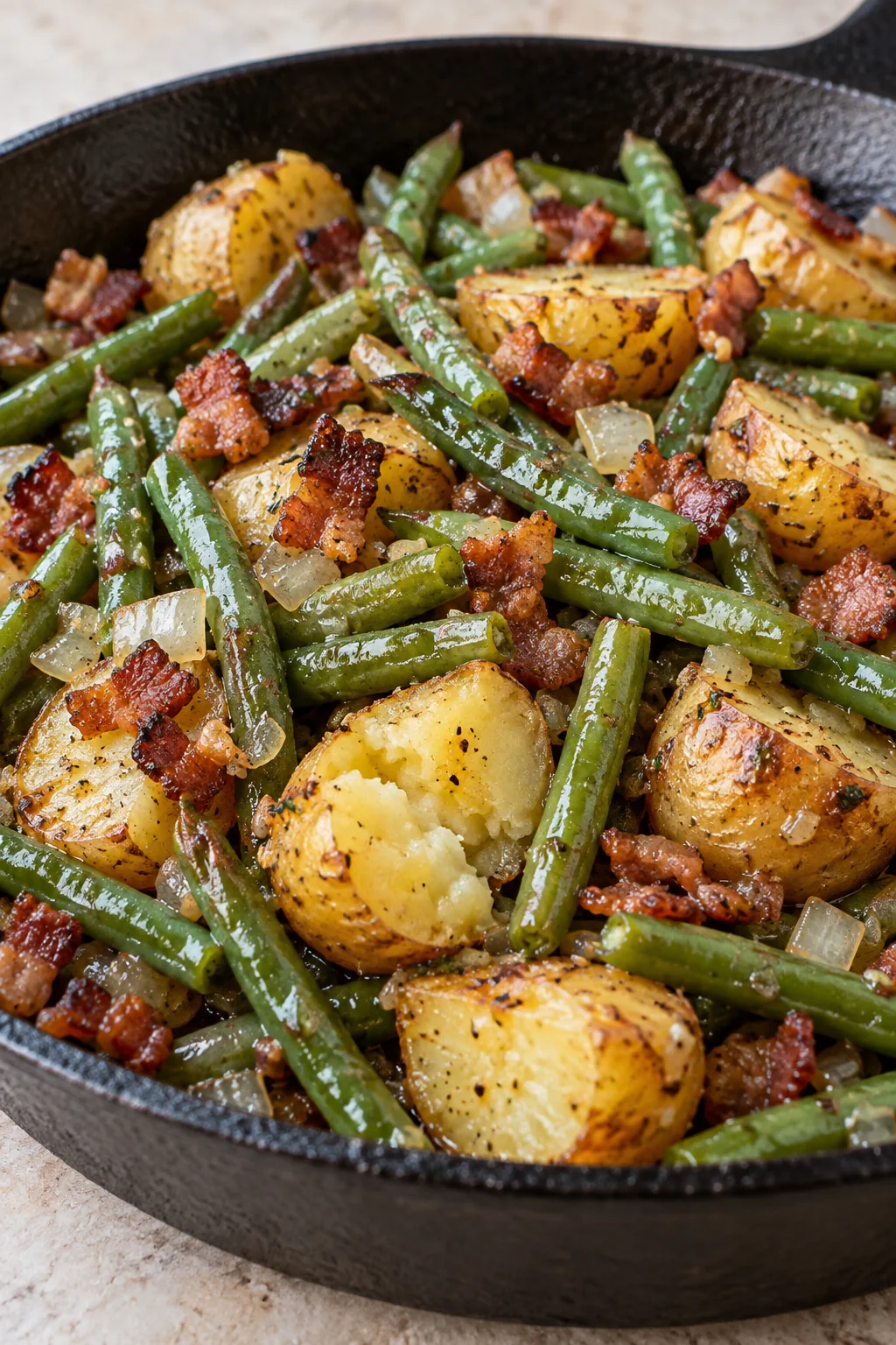 A broken potato half showing its tender center among green beans and bacon