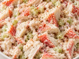 Creamy crab seafood salad with red and white imitation crab pieces, finely minced celery, and shallot in a white bowl