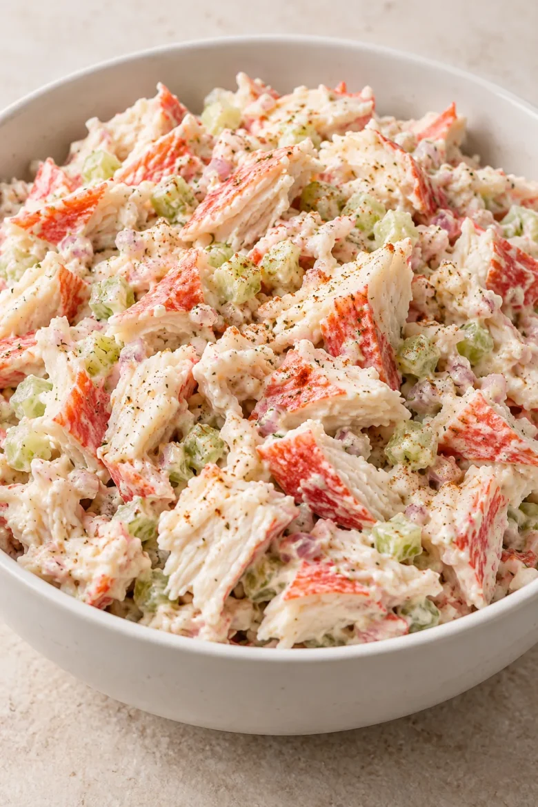 Creamy crab seafood salad with red and white imitation crab pieces, finely minced celery, and shallot in a white bowl