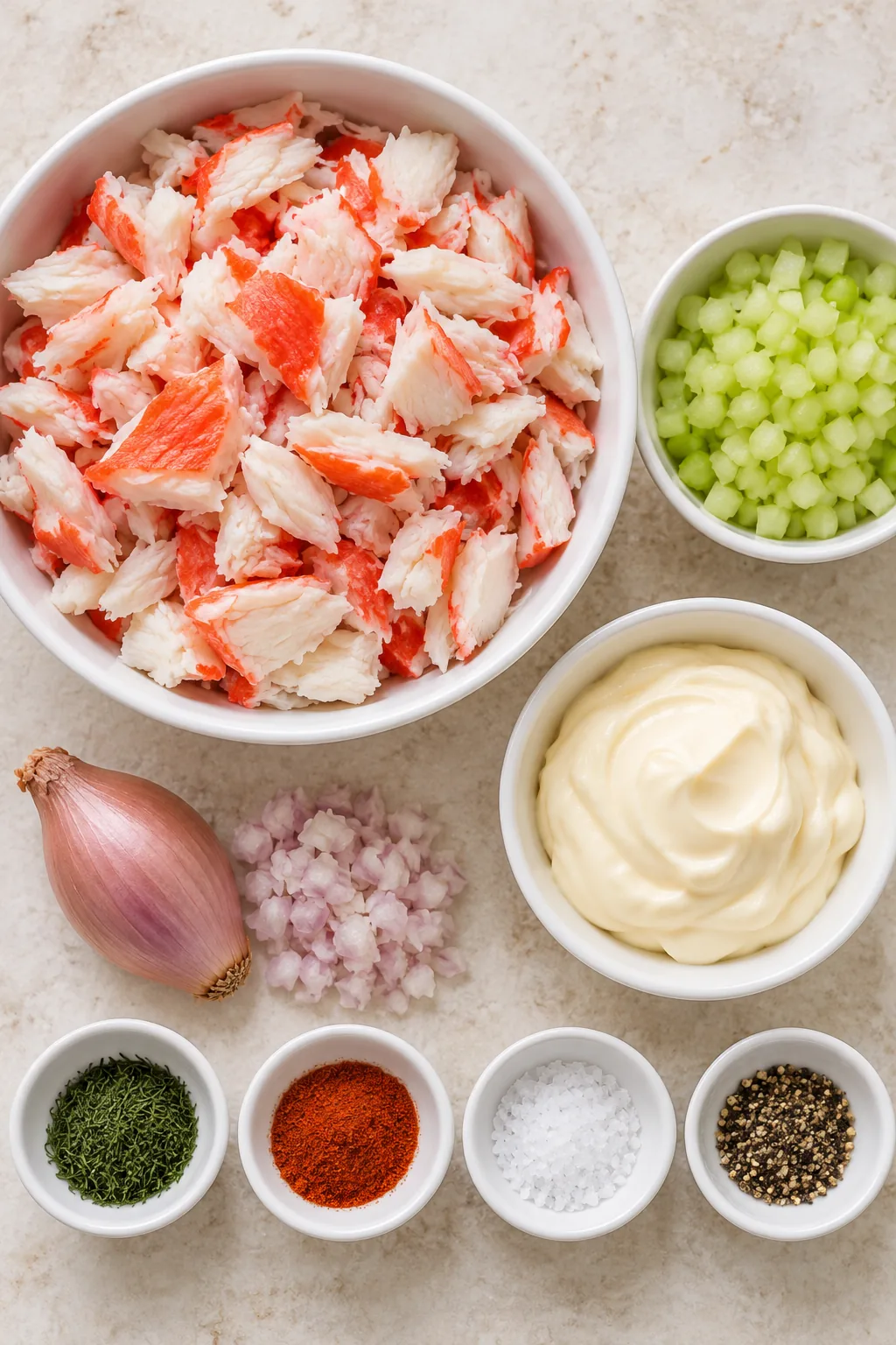 Crab salad ingredients: imitation crab, minced celery, mayonnaise, shallot, dill, paprika, kosher salt, and black pepper