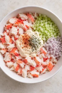 Imitation crab, celery, shallot, mayonnaise, dill, paprika, salt, and pepper in a bowl before mixing