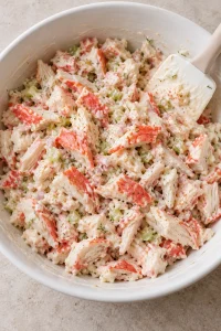 Imitation crab and minced celery gently folded into a creamy mayonnaise dressing in a white mixing bowl