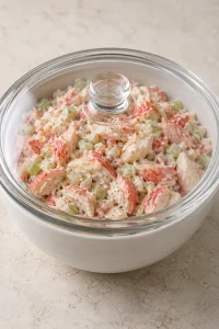 A bowl of prepared crab seafood salad covered with a clear lid and ready to refrigerate
