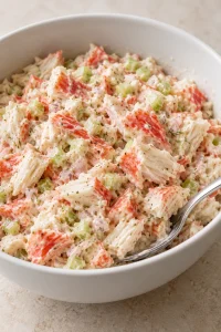 Chilled crab seafood salad gently stirred in a white bowl with a spoon resting beside the creamy imitation crab pieces