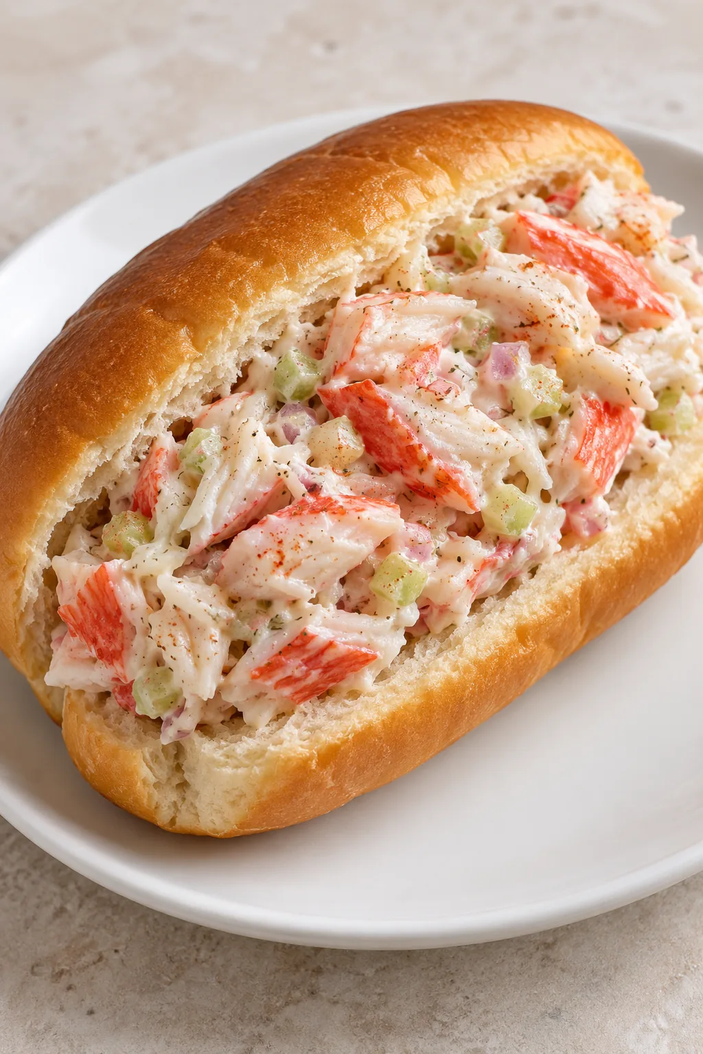 Creamy imitation crab salad with celery and shallot tucked into a soft bread roll without garnish