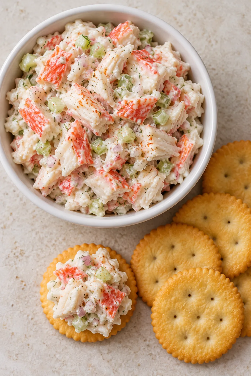 A small bowl of creamy imitation crab salad served with plain round buttery crackers
