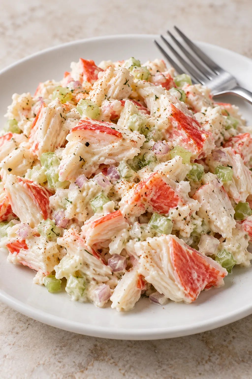 A portion of creamy crab seafood salad with imitation crab pieces and finely minced celery on a white plate