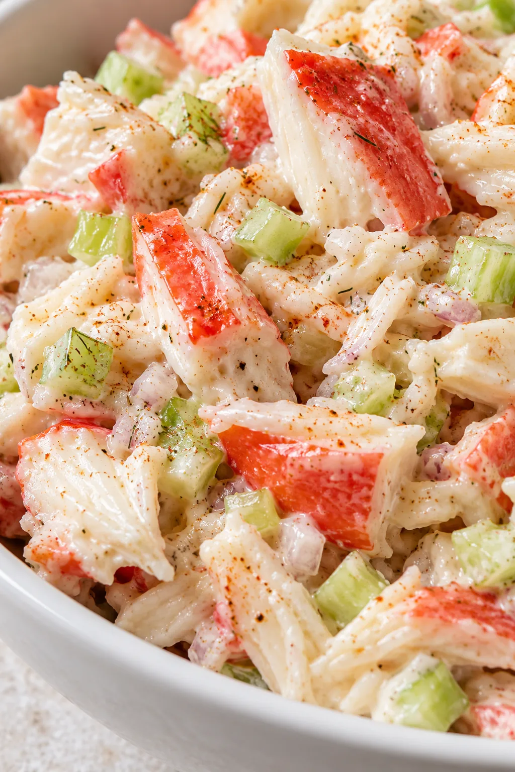 Close-up of red and white imitation crab flakes, tiny celery pieces, and creamy mayonnaise dressing