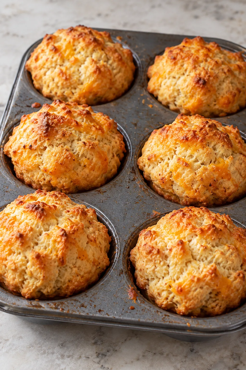 Golden crab stuffed cheddar biscuits just baked in a muffin tin