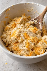 Soft cheddar biscuit dough mixed in a white bowl