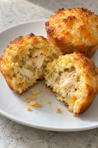 A split cheddar biscuit showing its cooked lump crab center