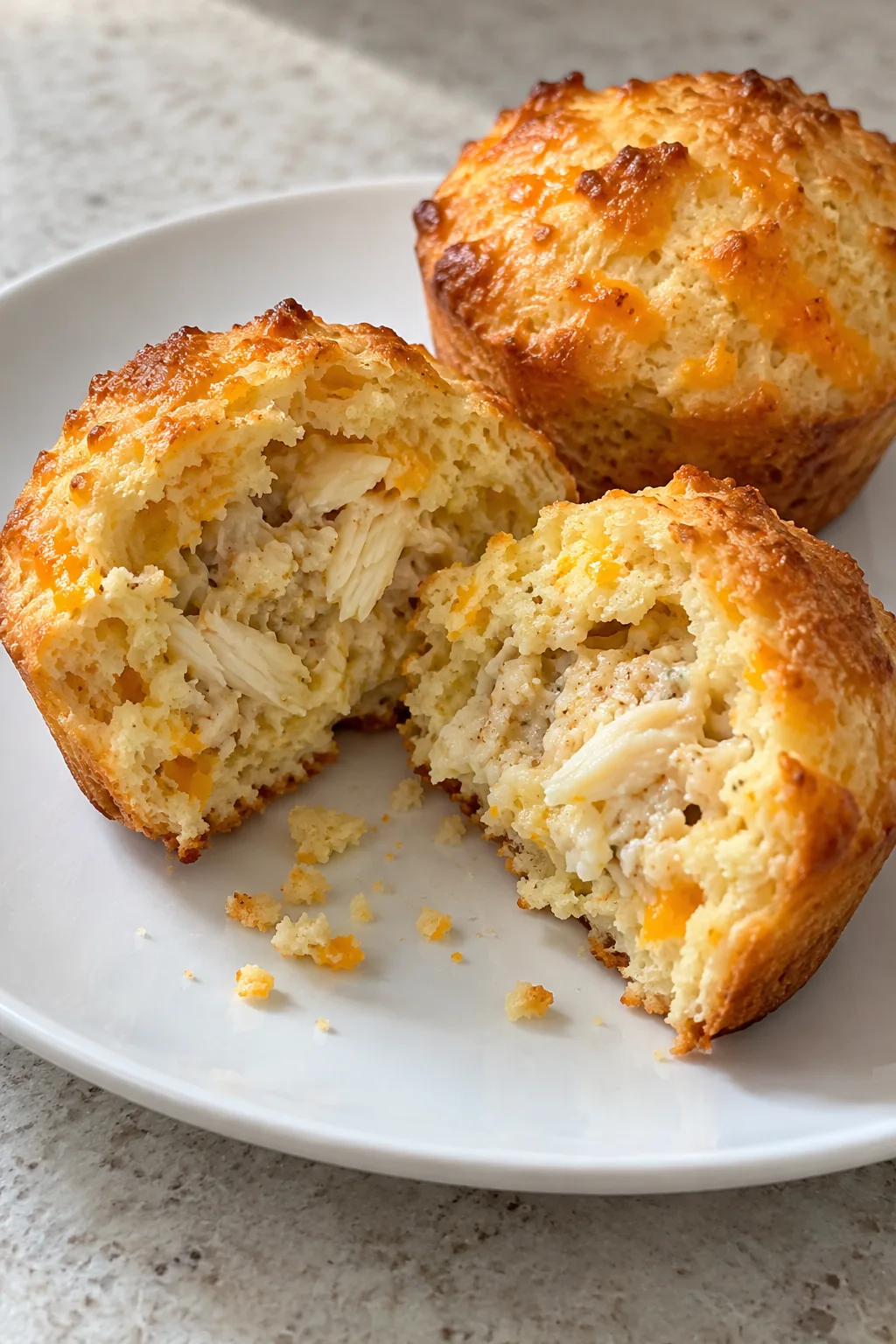 A split cheddar biscuit showing its cooked lump crab center