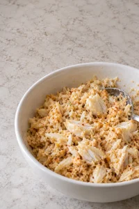 Lump crab filling with mayonnaise, mustard, cracker crumbs, and Parmesan