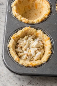 Chunky crab filling spooned into an open cheddar biscuit dough cup