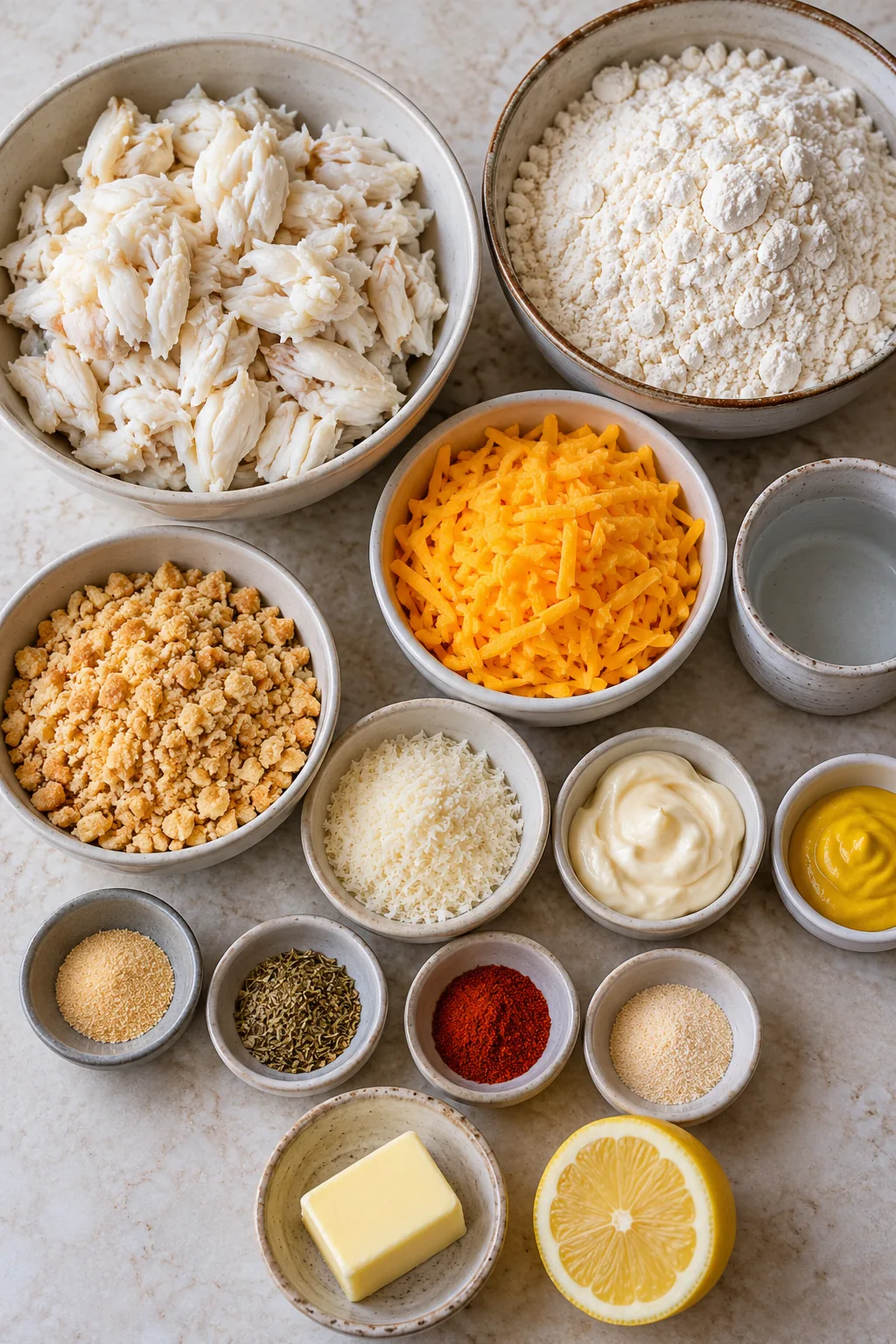 Biscuit mix, lump crab, cheddar, Parmesan, crackers, mayonnaise, mustard, seasonings, butter, and lemon
