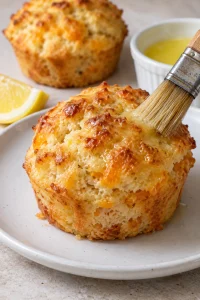 Lemon butter being brushed onto a whole baked cheddar biscuit