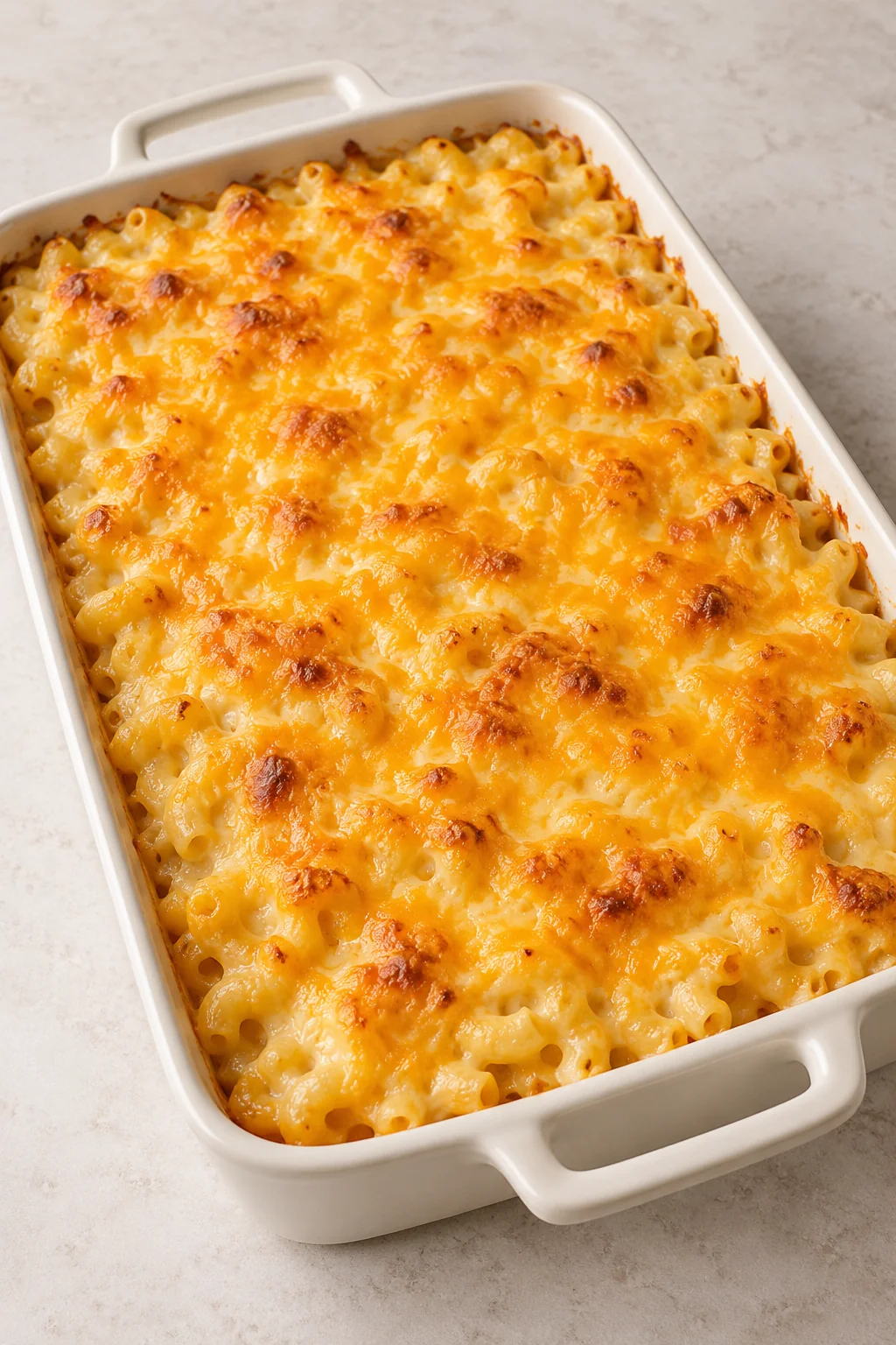 Creamy baked mac and cheese with a golden cheddar topping in a rectangular baking dish