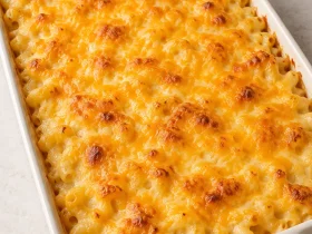 Creamy baked mac and cheese with a golden cheddar topping in a rectangular baking dish