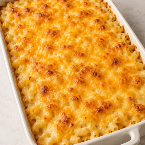 Creamy baked mac and cheese with a golden cheddar topping in a rectangular baking dish