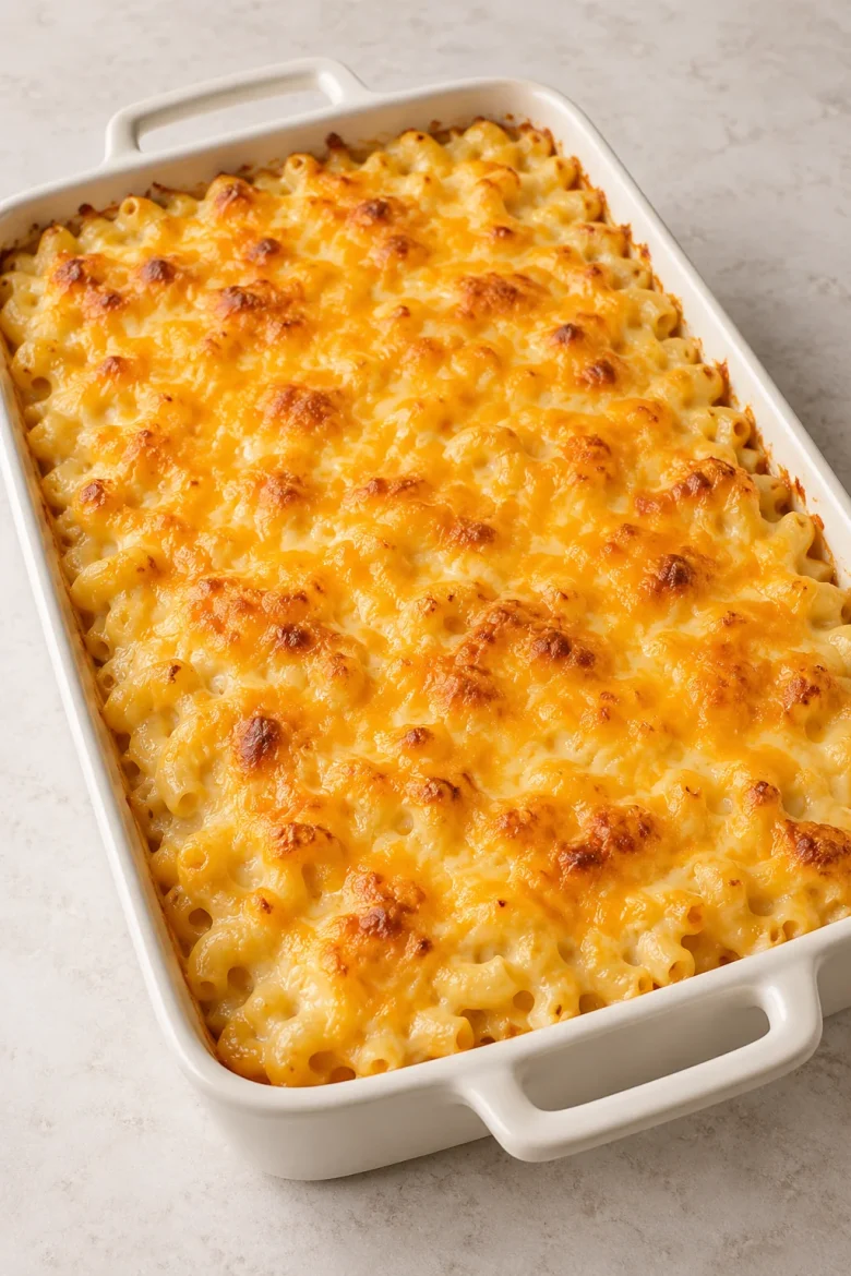 Creamy baked mac and cheese with a golden cheddar topping in a rectangular baking dish
