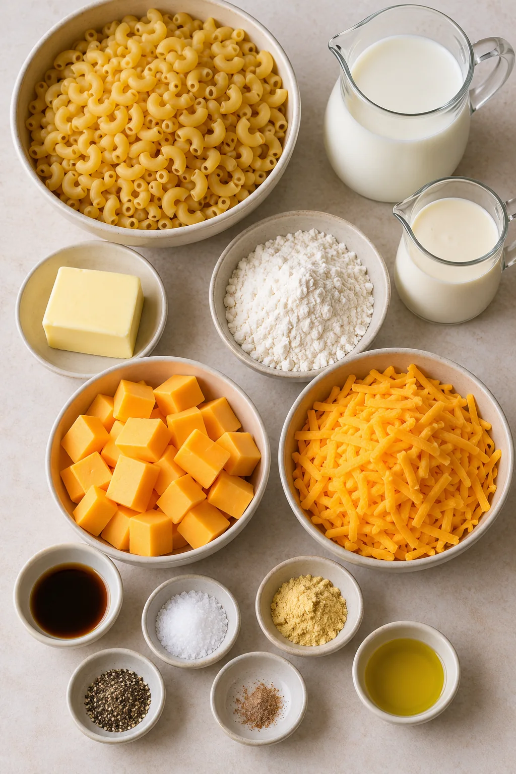 Elbow macaroni, butter, flour, dairy, cubed Velveeta, grated cheddar, and seasonings for baked mac and cheese