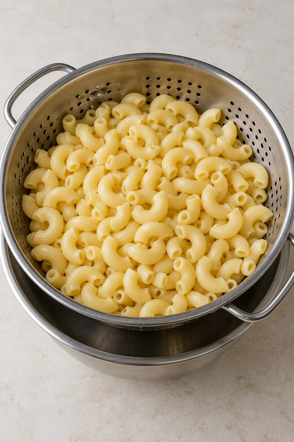 Cooked elbow macaroni drained in a stainless steel colander